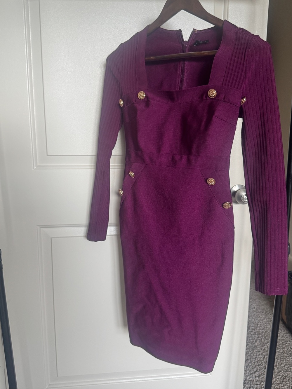 Purple Bandage Midi Dress Long Sleeve Gold Button Bodycon Knee Length.